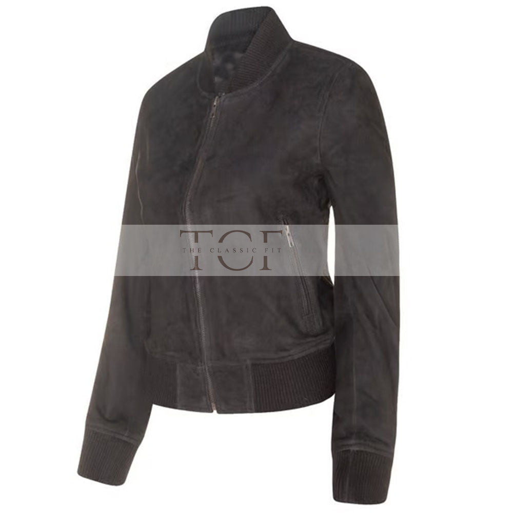 Women's Suede Bomber Leather Jacket, Zip Front, Ribbed Cuffs and Hem | Black