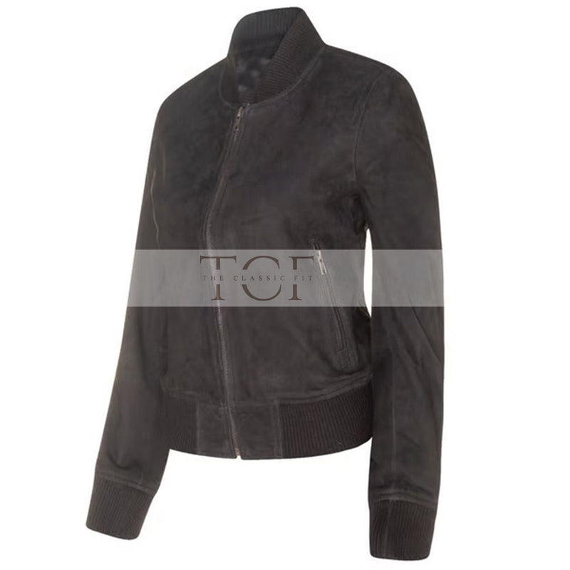 Women's Suede Bomber Leather Jacket, Zip Front, Ribbed Cuffs and Hem | Black