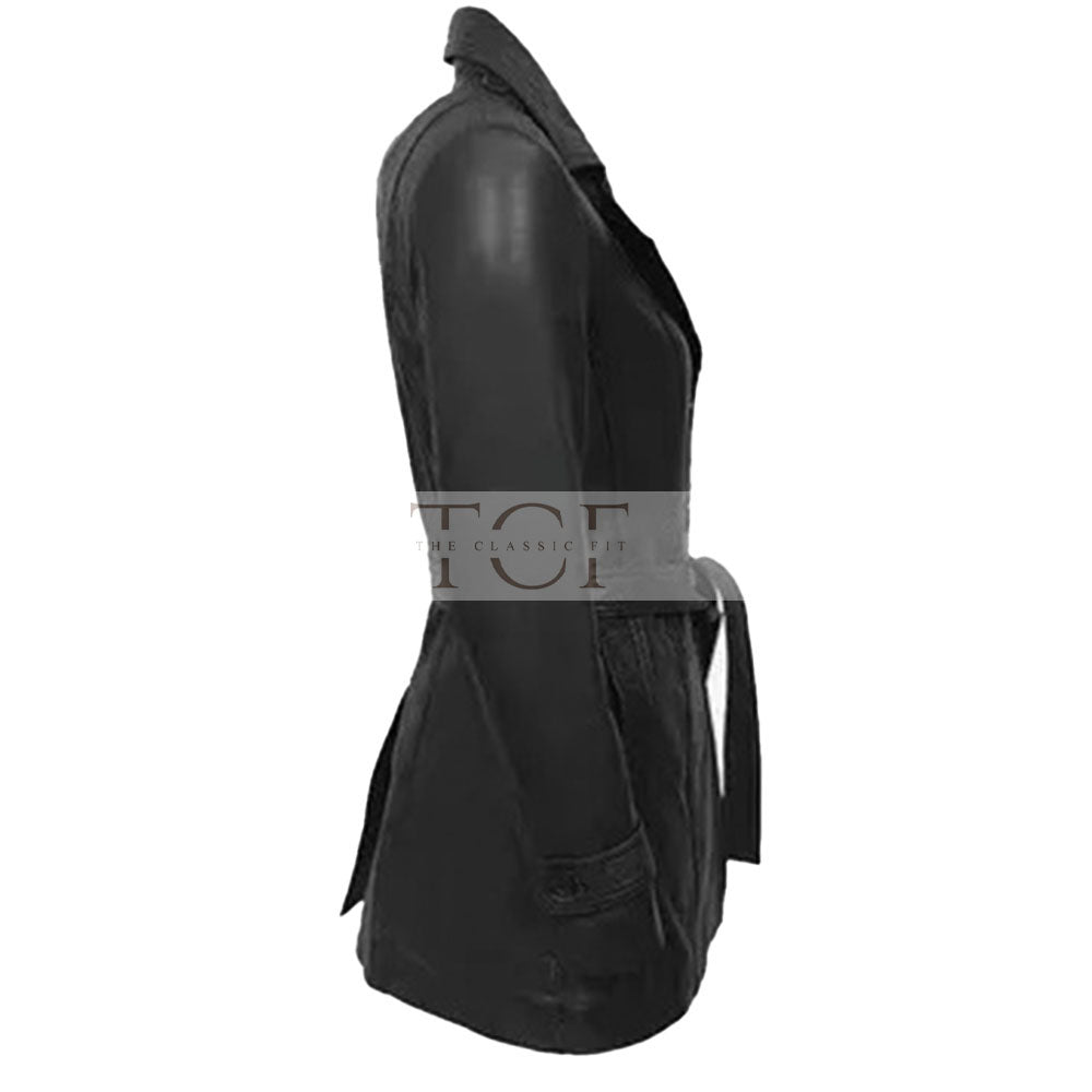 Women's 3/4 Length Leather Coat | Black