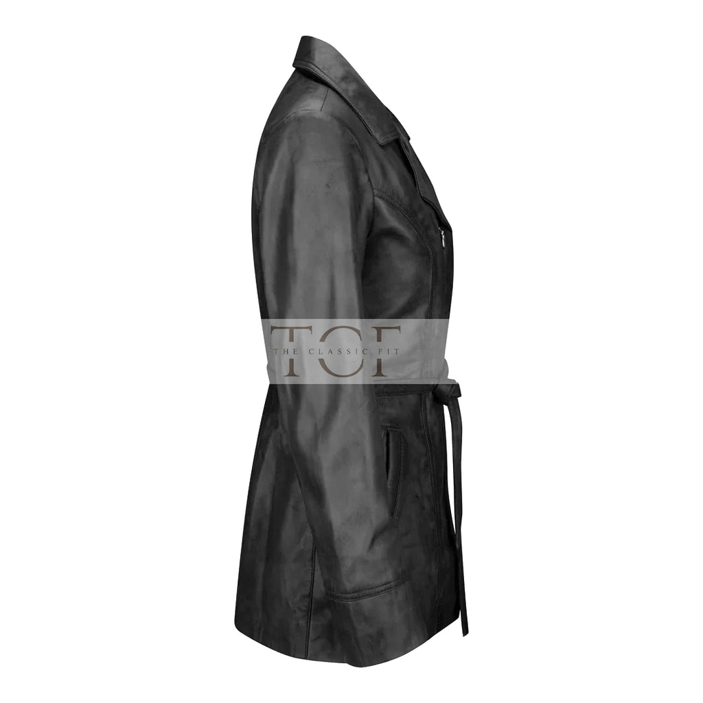 Women's Belted Leather Jacket, Long Sleeve, Zip Front | Black