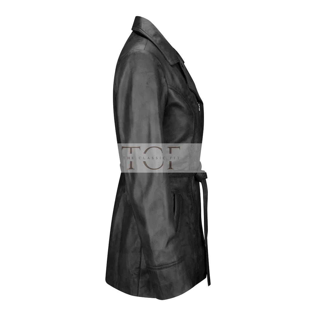 Women's Belted Leather Jacket, Long Sleeve, Zip Front | Black