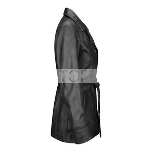 Women's Belted Leather Jacket, Long Sleeve, Zip Front | Black