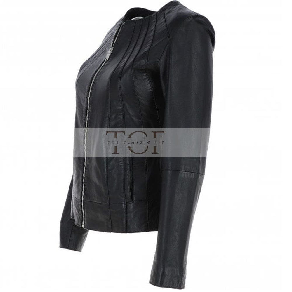 Women's Biker Leather Jacket Zip-Up | Black