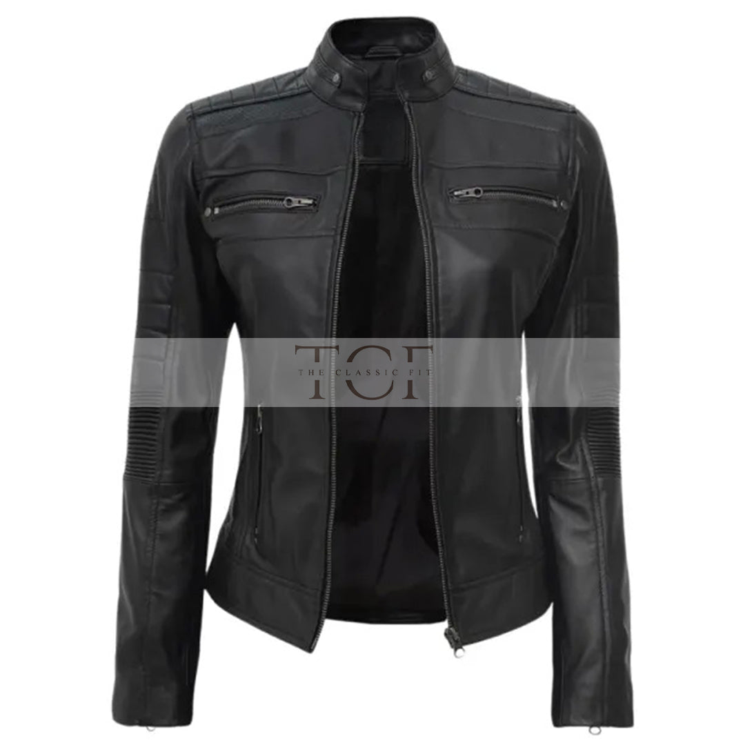 Women's Leather Cafe Racer Biker Jacket with Stand Collar, Padded Shoulders & Sleeves | Black