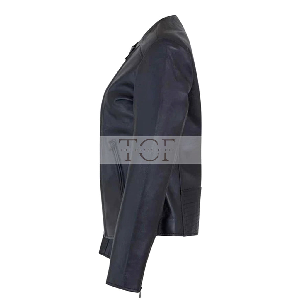 Women's Motorcycle Jacket Zip Front with Lapel Collar | Black