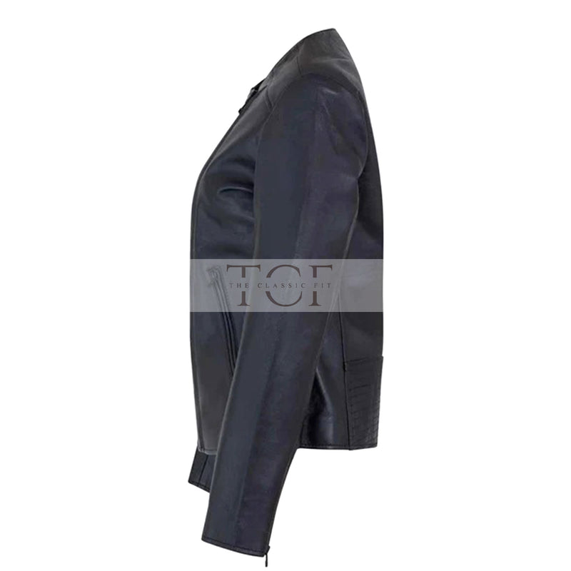 Women's Motorcycle Jacket Zip Front with Lapel Collar | Black
