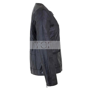 Women's Café Racer Zip-Front Leather Jacket, Collarless Design | Black