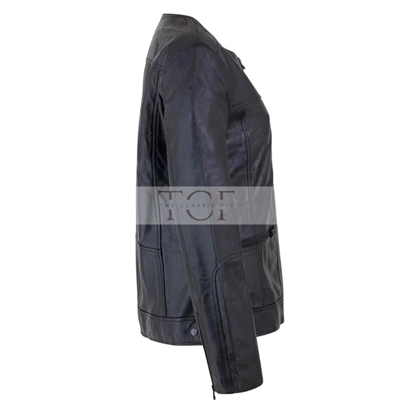 Women's Café Racer Zip-Front Leather Jacket, Collarless Design | Black