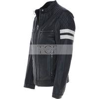 Men's Leather Motorcycle Jacket with Quilted Shoulder & White Stripes | Blue & Black