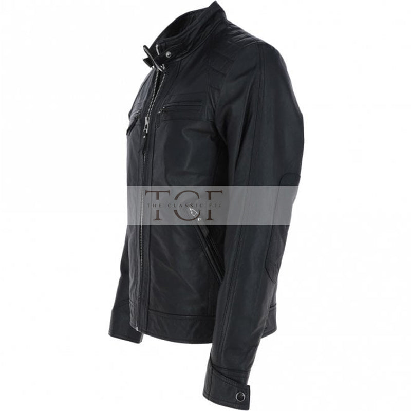 Men's Motorcycle Leather Jacket, Multiple Zippered Pockets | Black