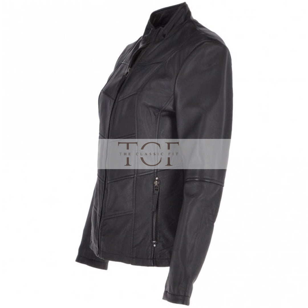 Women's Biker Style Leather Jacket With Zip Front & Stand Collar | Black