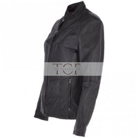 Women's Biker Style Leather Jacket With Zip Front & Stand Collar | Black