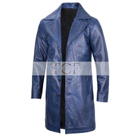 Men's  3/4 Length Trench Leather Coat | Navy Blue