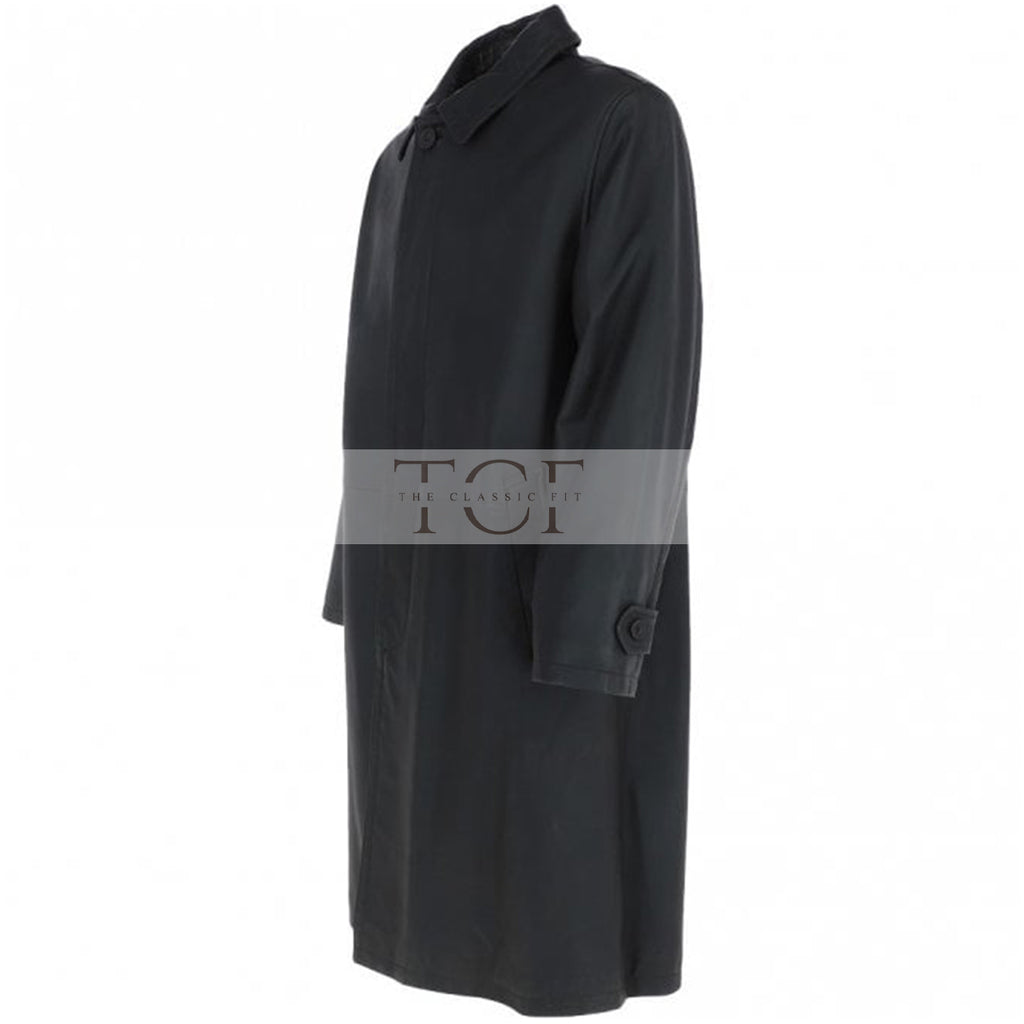 Men's Full Length Leather Overcoat With Shirt Collar Style | Black