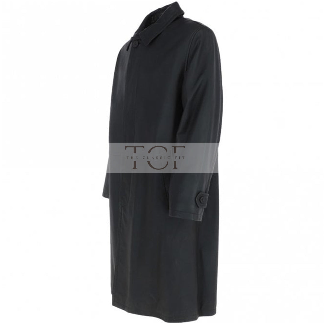 Men's Full Length Leather Overcoat With Shirt Collar Style | Black