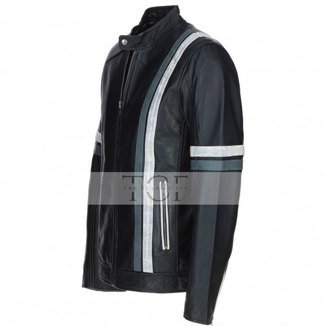 Men's Motorcycle Leather Jacket Gray & White Stripes | Blue & Black
