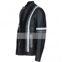 Men's Motorcycle Leather Jacket Gray & White Stripes | Blue & Black
