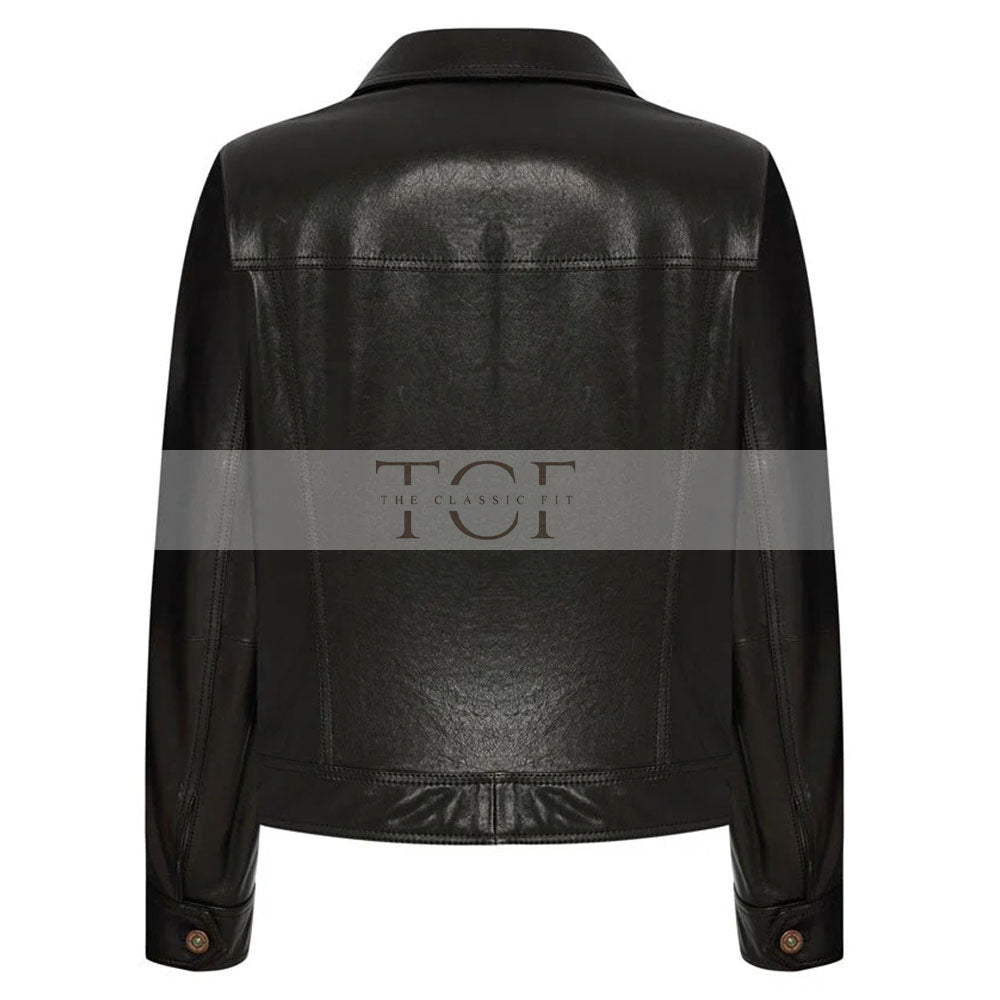 Women's Leather Trucker Jacket, Lambskin, Zip Front | Black