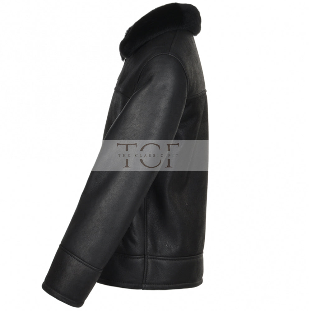 Men's Sheepskin Genuine Leather Jacket with Fur Collar | Black