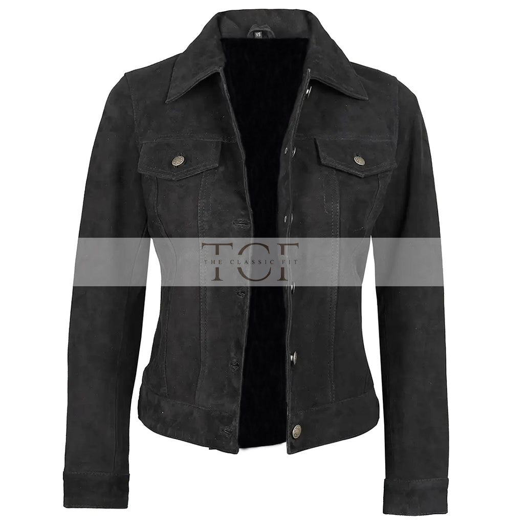 Women's Suede Trucker Leather Jacket | Black