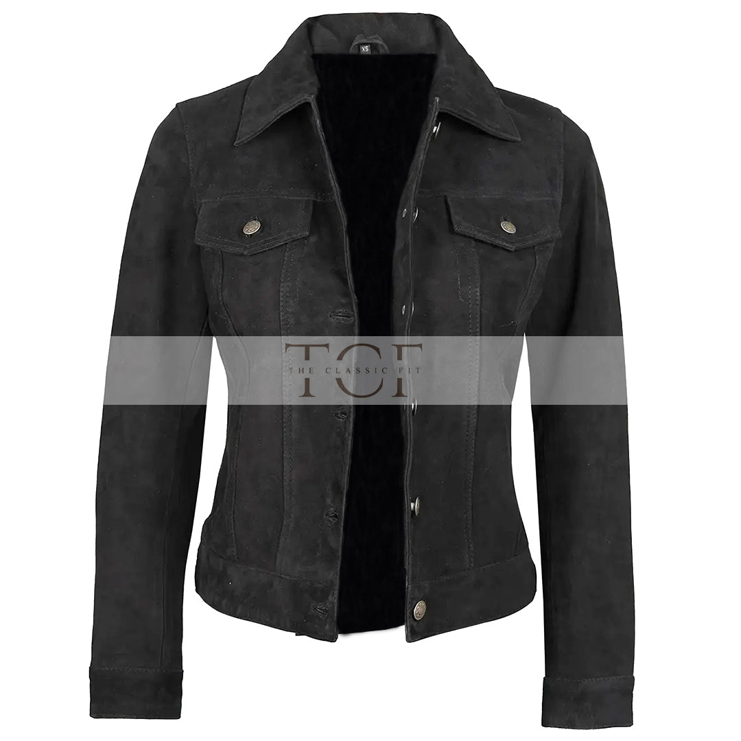 Women's Suede Trucker Leather Jacket | Black