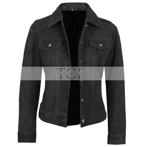 Women's Suede Trucker Leather Jacket | Black