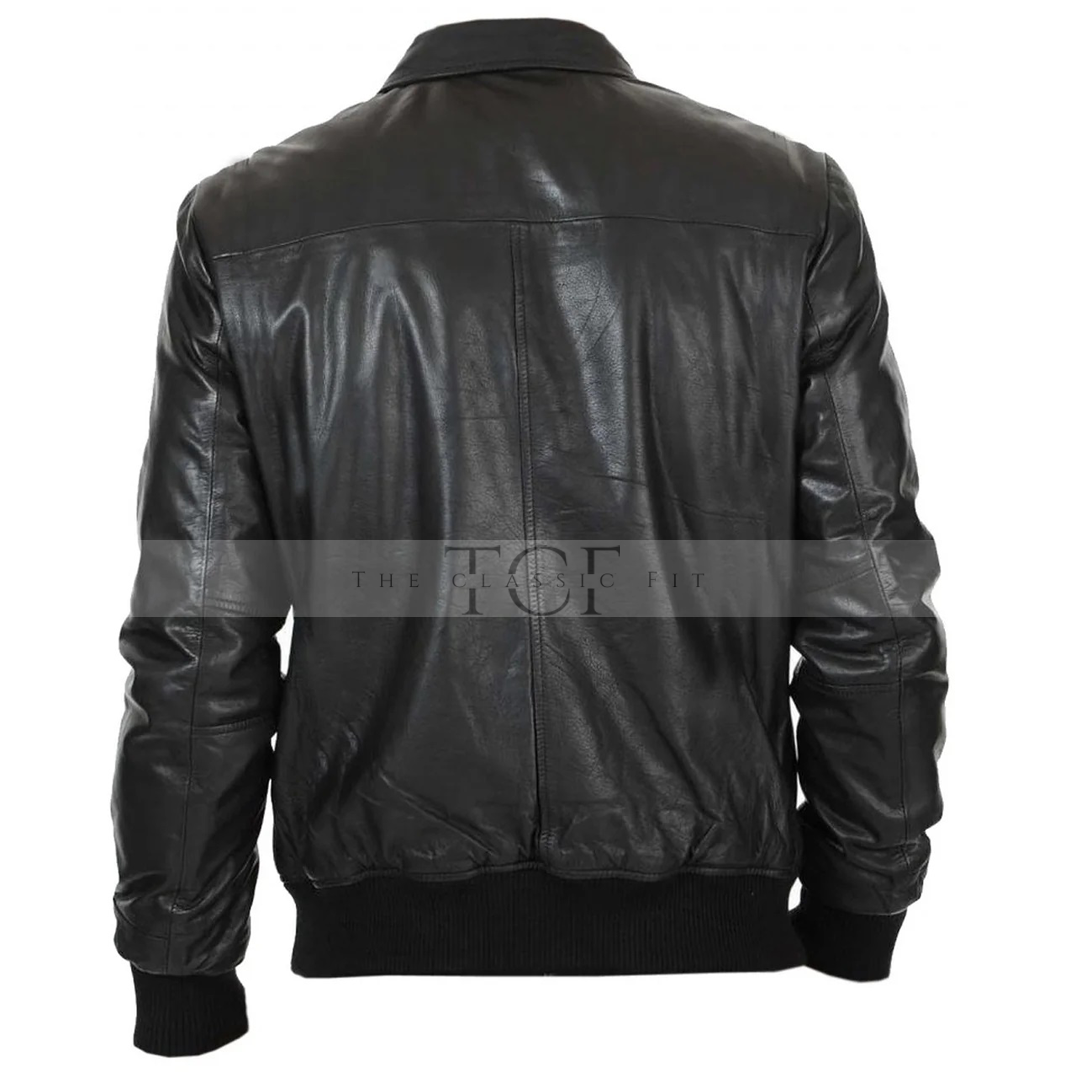 Men's Real Lambskin Leather Bomber Jacket | Black
