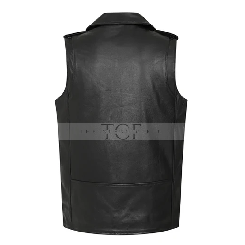 Men's Leather Biker Vest with Zipper, Belted Waist | Black