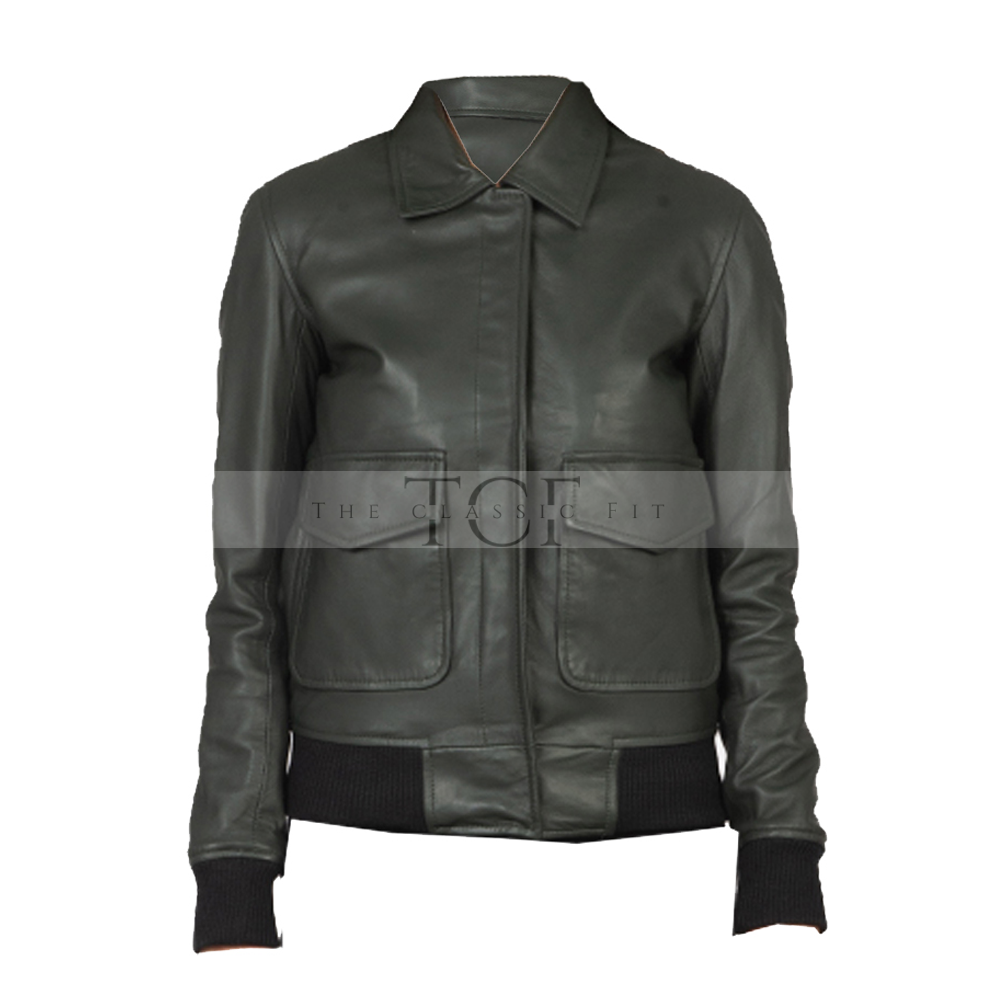 Women's Pure Bomber Leather Jacket | Green