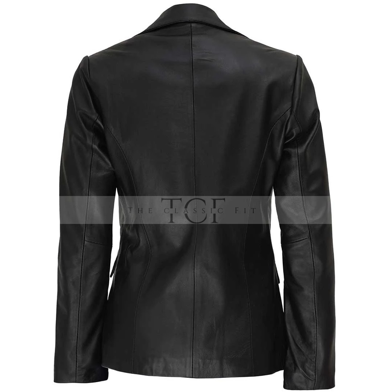 Women's Two Button Black Lambskin Leather Blazer Jacket | Black