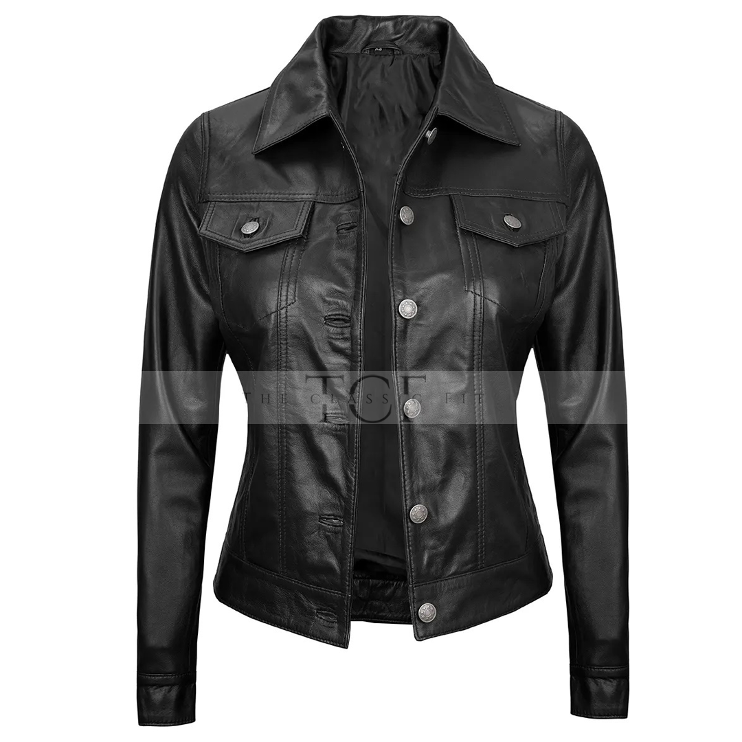 Women's Real Leather Cafe Racer Style Jacket | Black