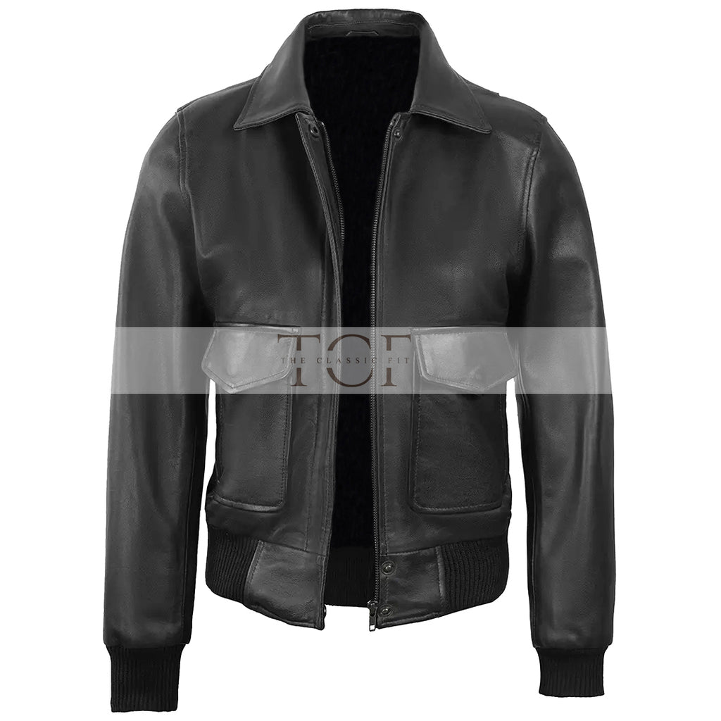 Women's Classic Leather Shirt Collar Bomber Jacket, Zip Front, Ribbed Trim | Black