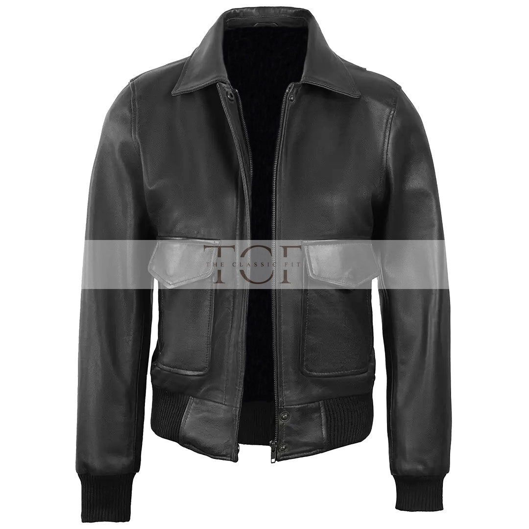 Women's Classic Leather Shirt Collar Bomber Jacket, Zip Front, Ribbed Trim | Black