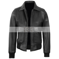 Women's Classic Leather Shirt Collar Bomber Jacket, Zip Front, Ribbed Trim | Black