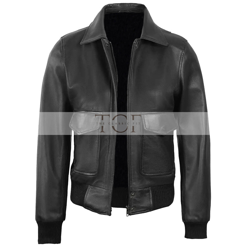 Women's Classic Leather Shirt Collar Bomber Jacket, Zip Front, Ribbed Trim | Black