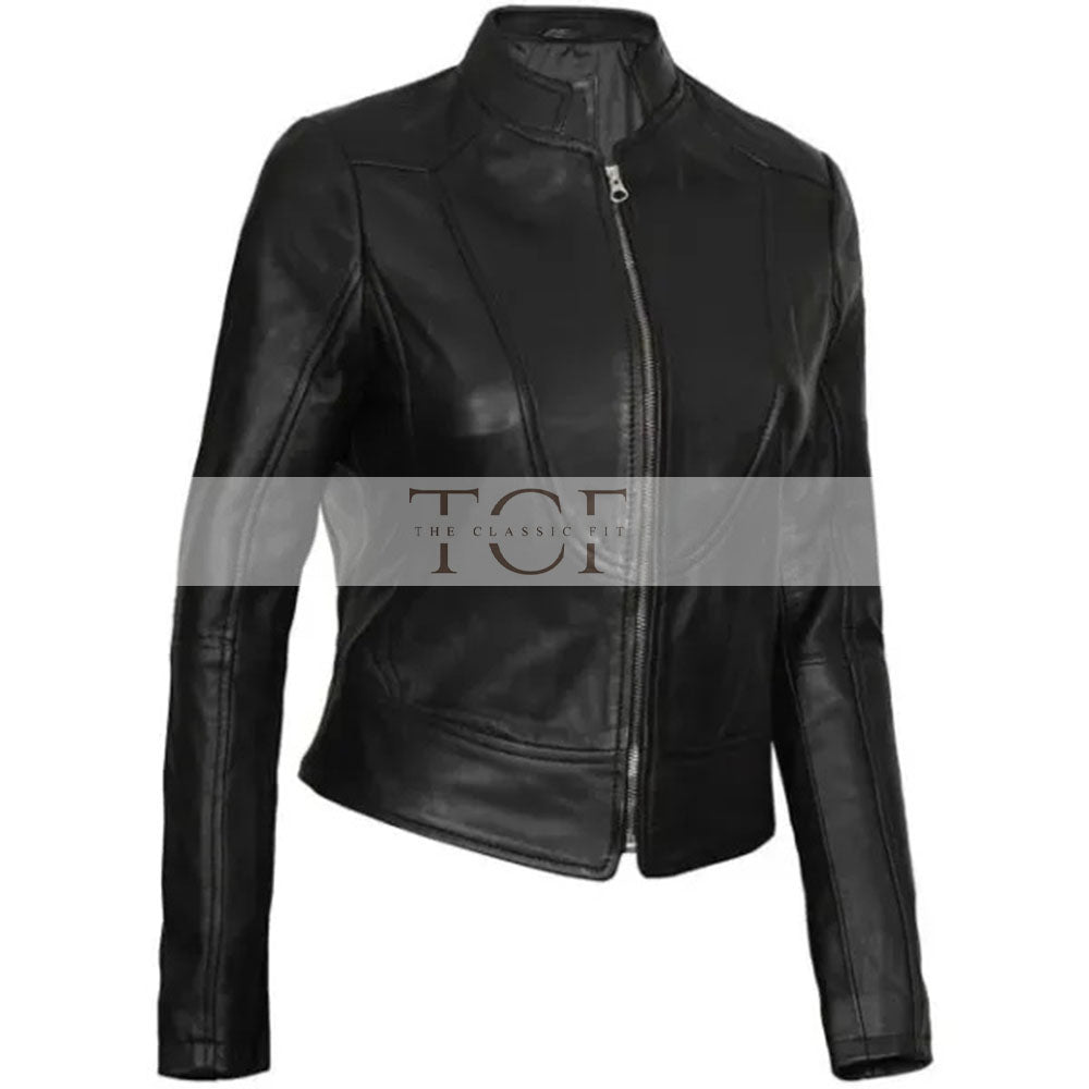 Women's Cafe Racer Motorcycle Leather Jacket, Stand Collar, Front Zipper | Black