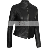 Women's Cafe Racer Motorcycle Leather Jacket, Stand Collar, Front Zipper | Black