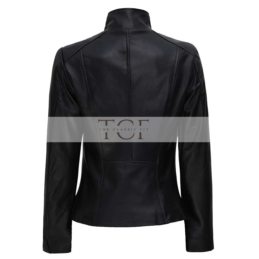 Womens Café Racer High Neck Fitted Leather Jacket | Black