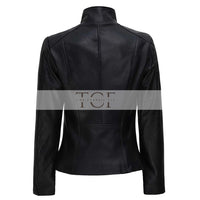 Womens Café Racer High Neck Fitted Leather Jacket | Black