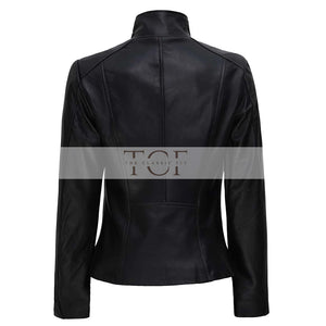 Womens Café Racer High Neck Fitted Leather Jacket | Black