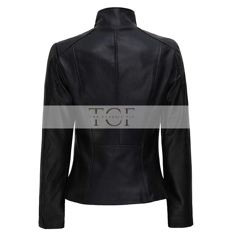 Womens Café Racer High Neck Fitted Leather Jacket | Black