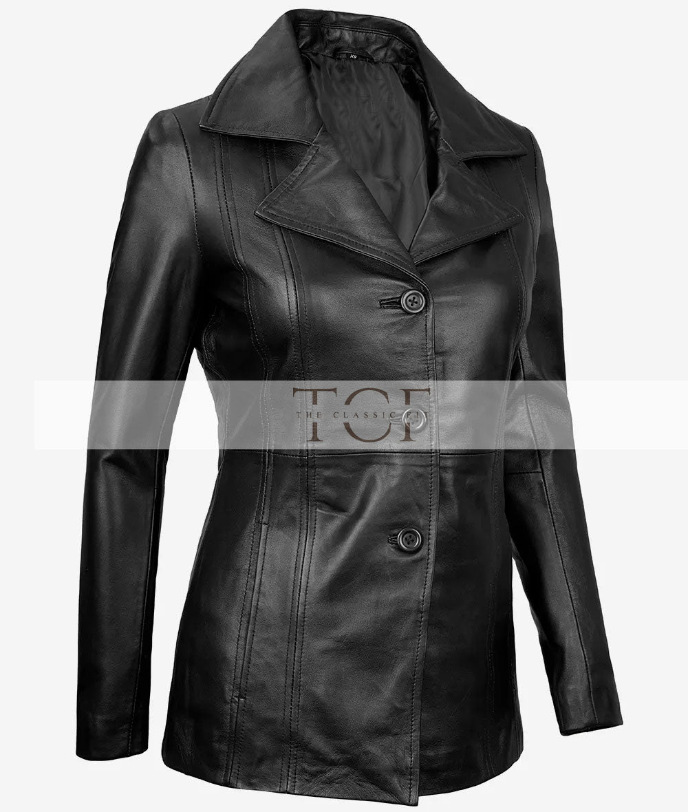 Women's 3/4 Length Genuine Leather Coat | Black
