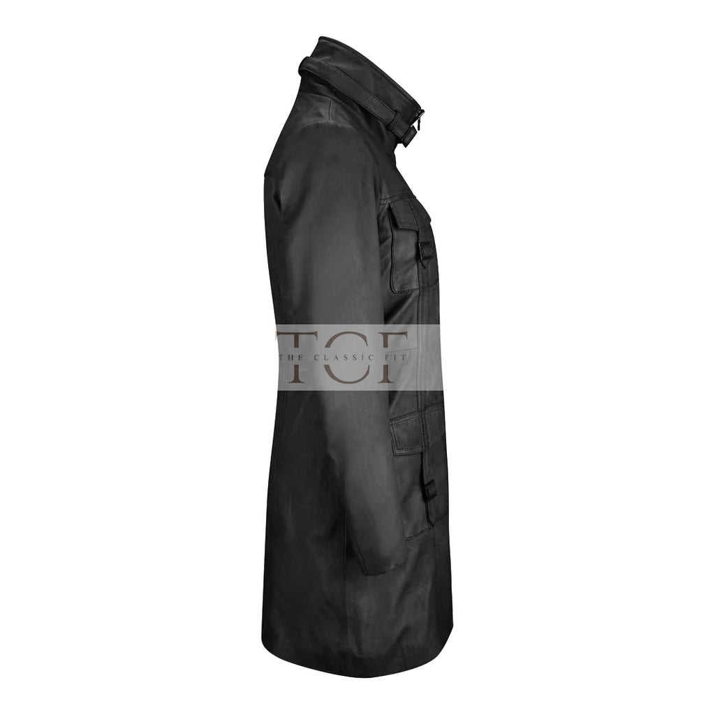 Women's Long Leather Coat, High Neck, Multiple Pockets, Full Zip Front | Black