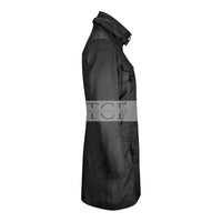 Women's Long Leather Coat, High Neck, Multiple Pockets, Full Zip Front | Black