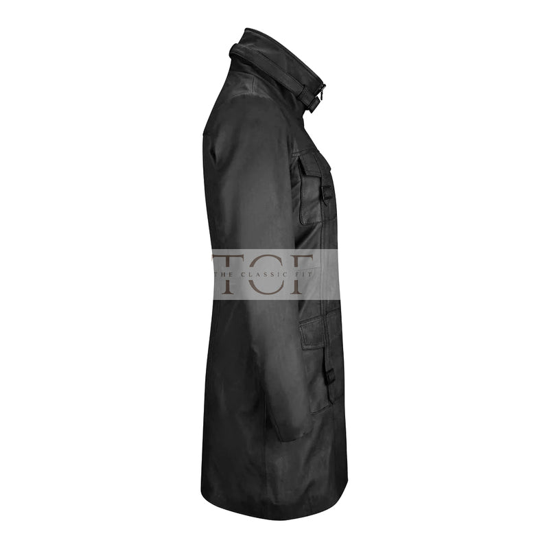 Women's Long Leather Coat, High Neck, Multiple Pockets, Full Zip Front | Black
