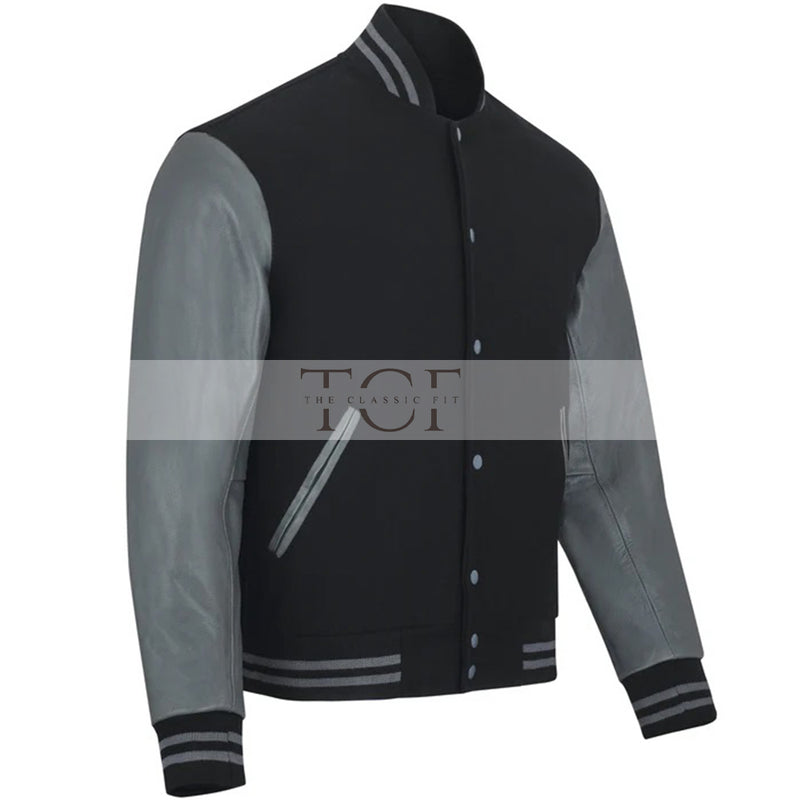 Men's Bomber Leather Jacket | Black/Grey
