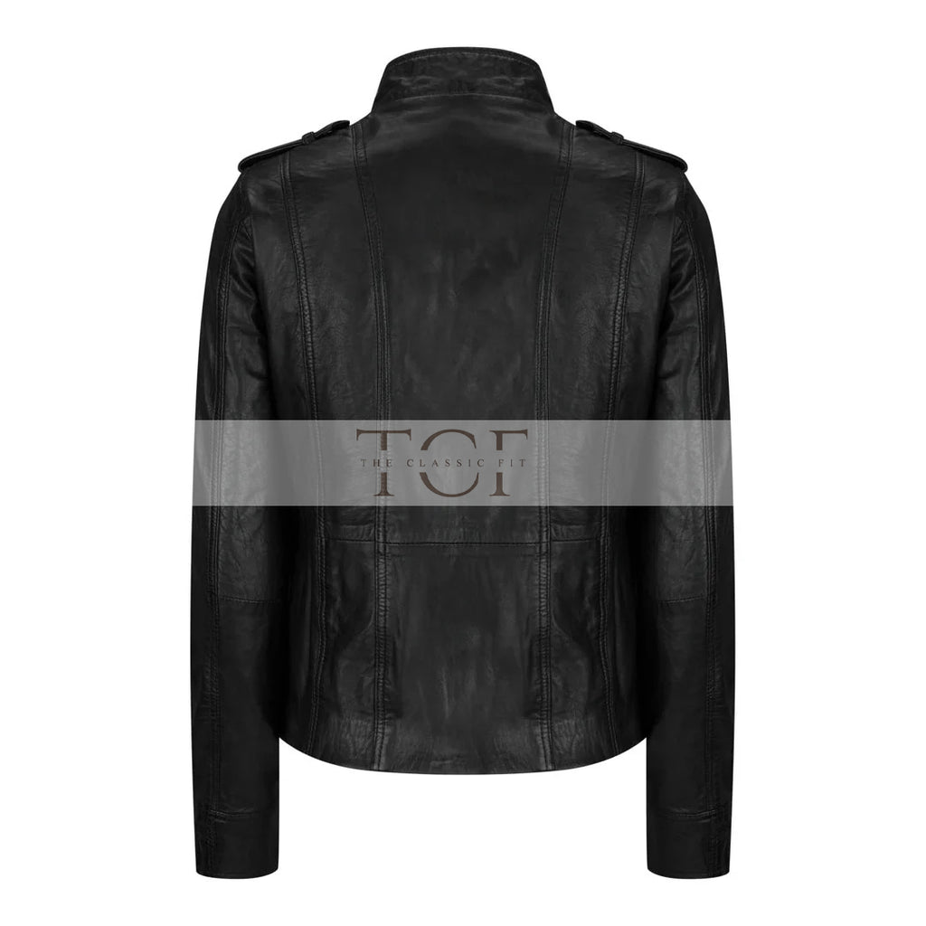 Women's Leather Motorcycle Jacket Multiple Zip Pockets Stand Collar | Black