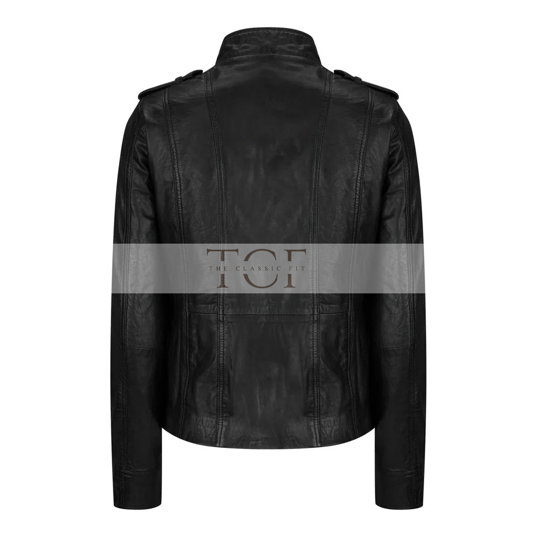 Women's Leather Motorcycle Jacket Multiple Zip Pockets Stand Collar | Black