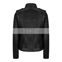 Women's Leather Motorcycle Jacket Multiple Zip Pockets Stand Collar | Black
