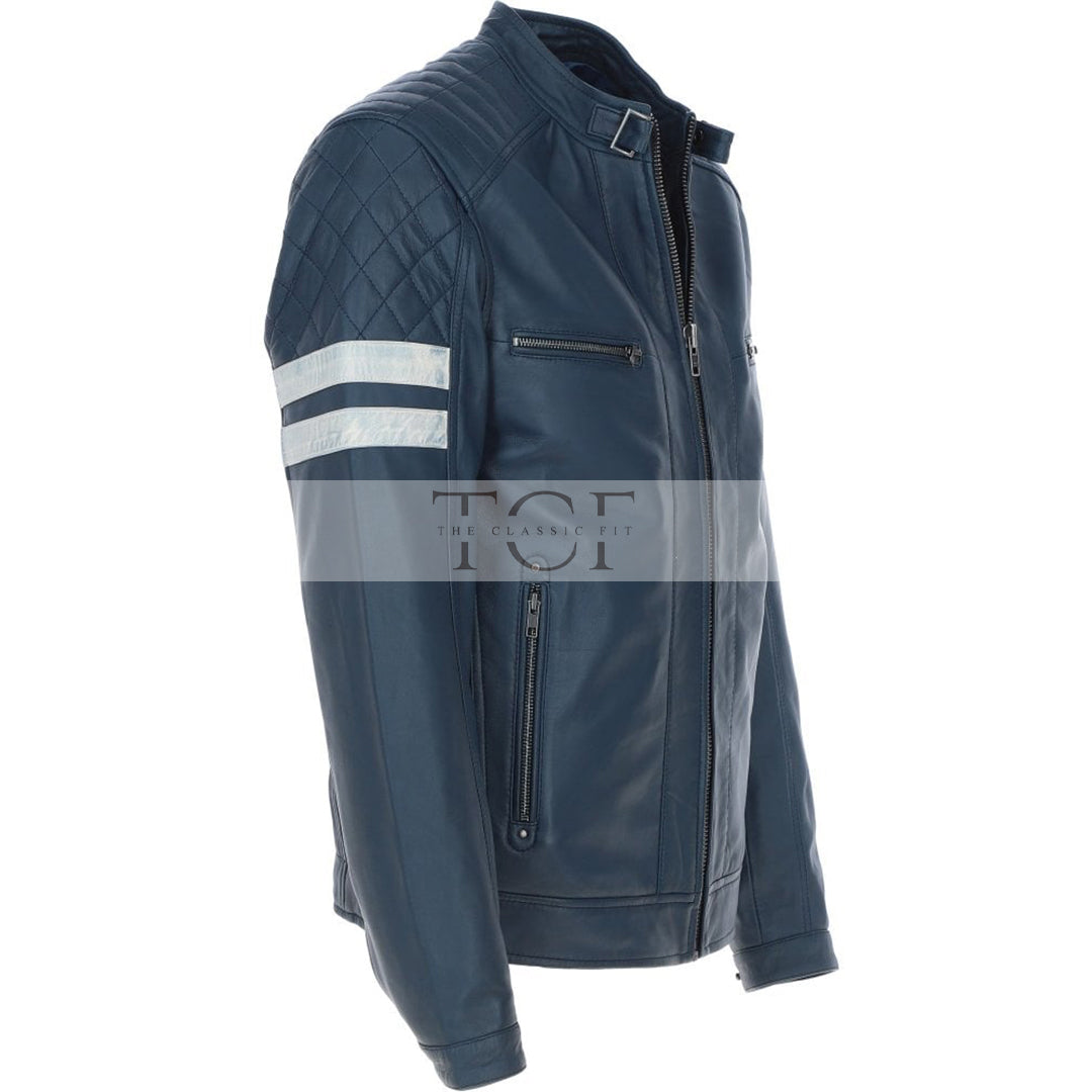 Men's Leather Motorcycle Jacket with Quilted Shoulder & White Stripes | Blue & Black